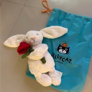Jellycat Cream Bunny with Red Rose and Blue Bag